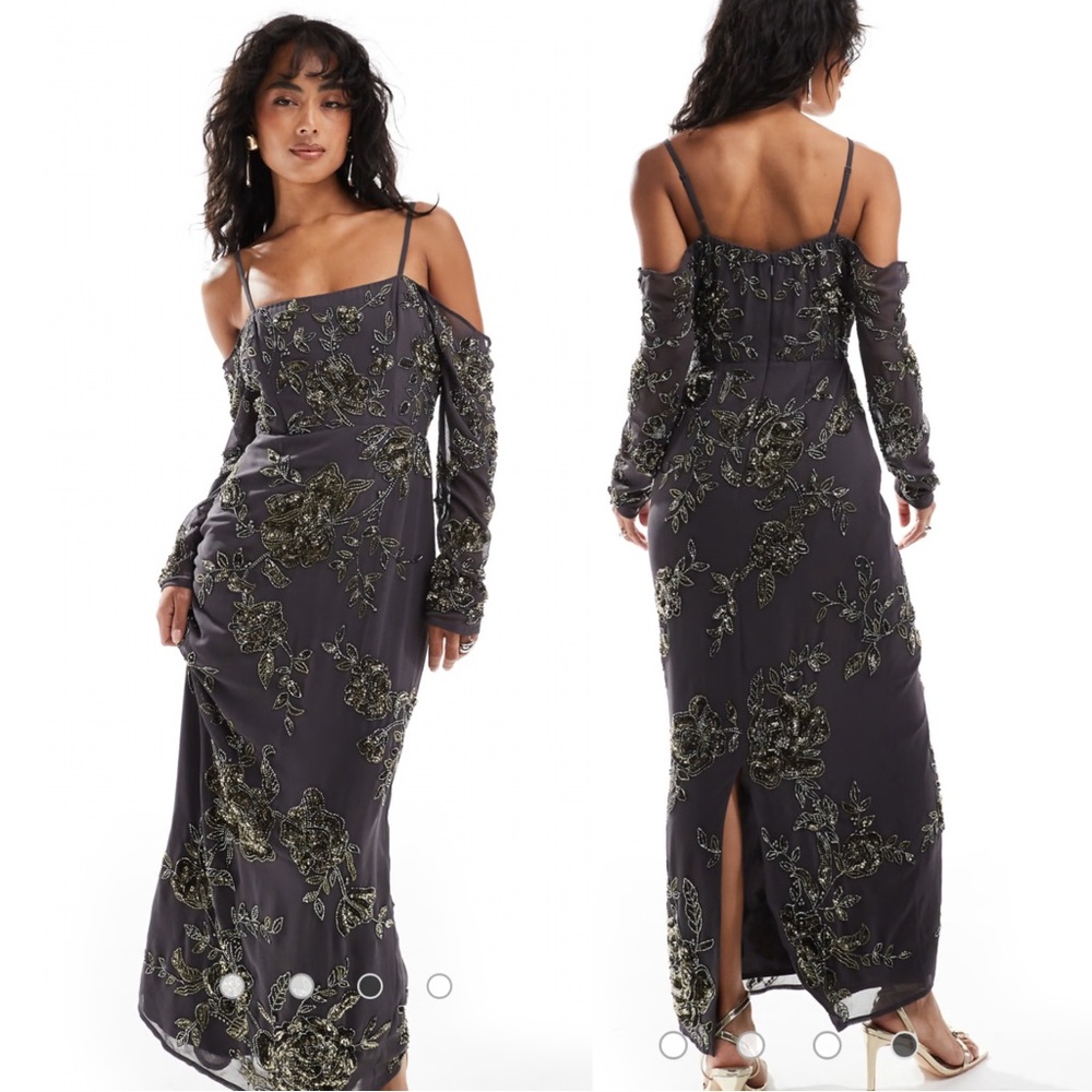 ASOS DESIGN bardot long sleeve embellished maxi dress in charcoal